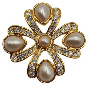 1980s NAPIER Gold Tone Pearl & Rhinestone Wreath Brooch Pin Statement Jewelry